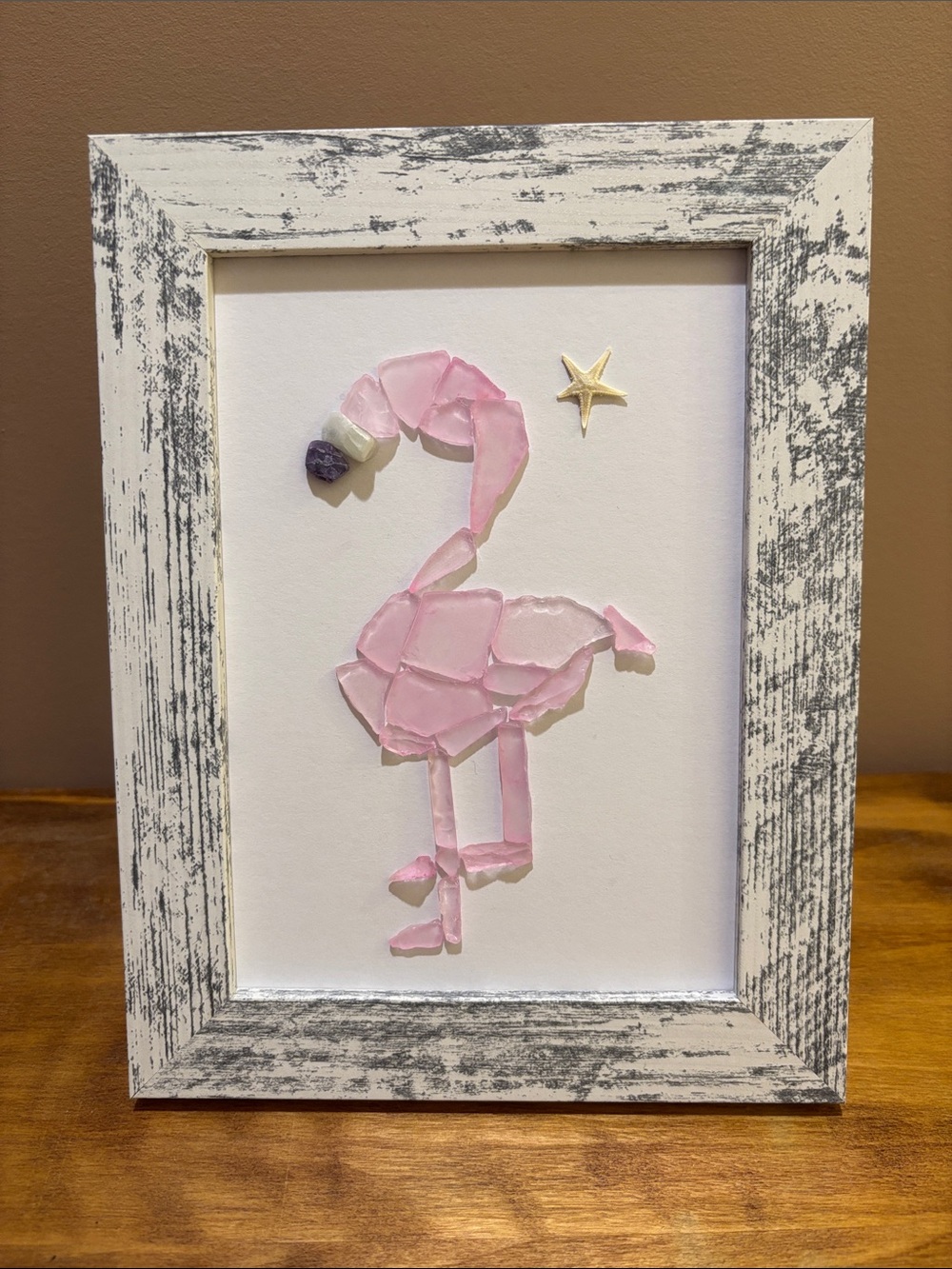 Artisan Pink Flamingo Sea Glass Art with Starfish - Home Decor
